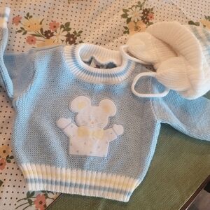 Vtg 80's Winter Sweater And Hat Set W Mouse 3-6mo
